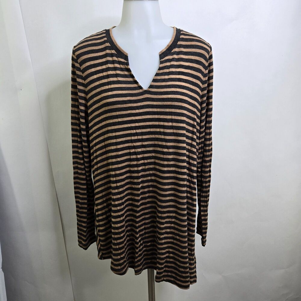 Cabi #3629 Women M Brown Black long Sleeve Striped Slant Tunic Tee Top
